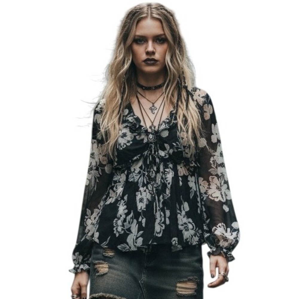 Y2k Free People Mesh Ruffle Fairygrunge Women's size Mediumβ Button Tie Bell Top